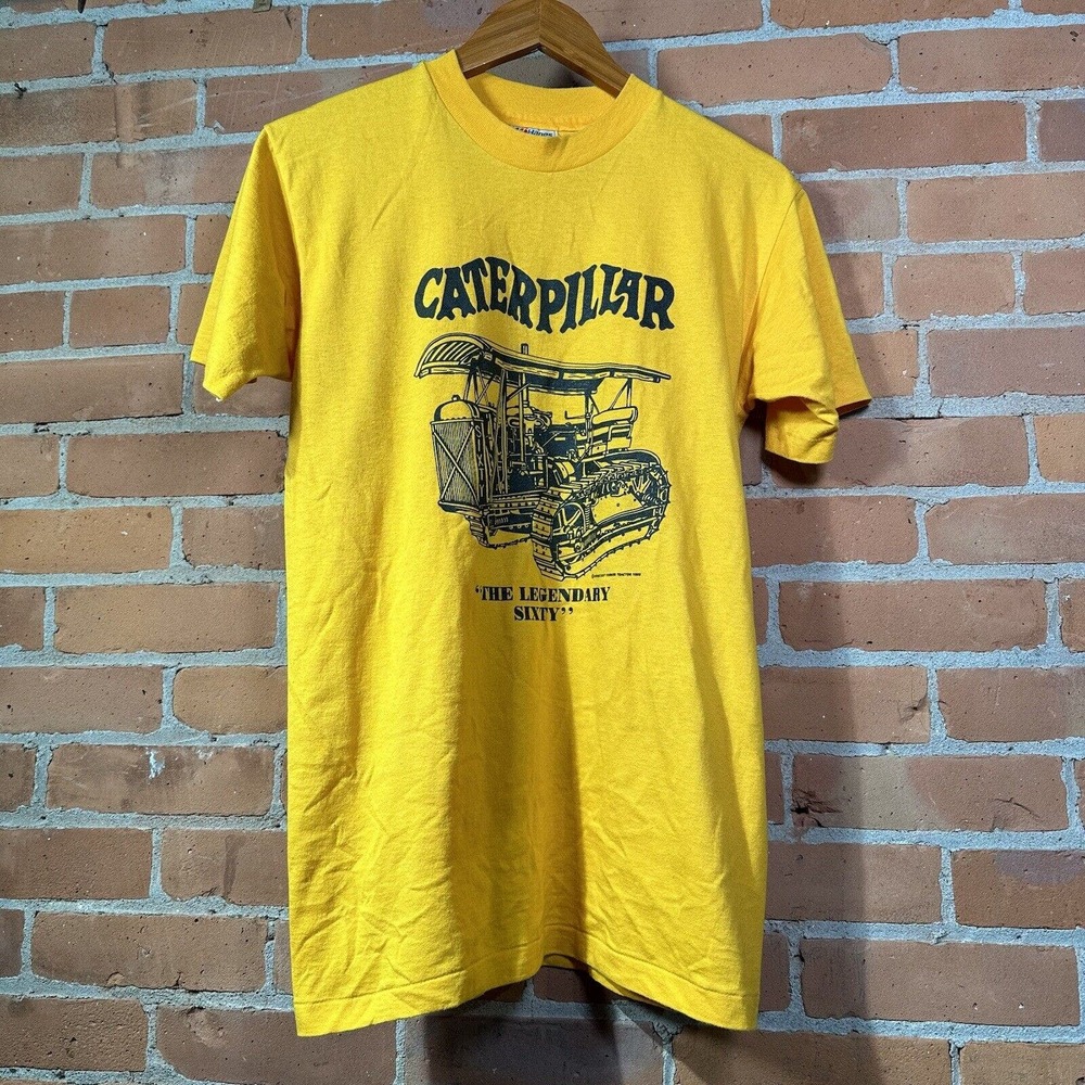 Vintage Caterpillar Tractor T Shirt Adult Medium Sixty 80s Yellow Bulldozer